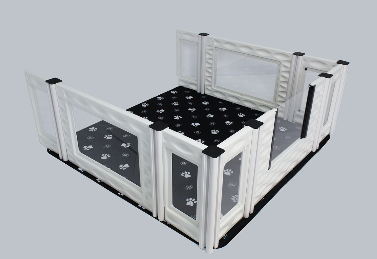 Windowed add-on room with white frame and black paw-print floor mat