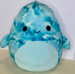 Large blue tie-dye squishy dolphin plush with cute face and cream belly
