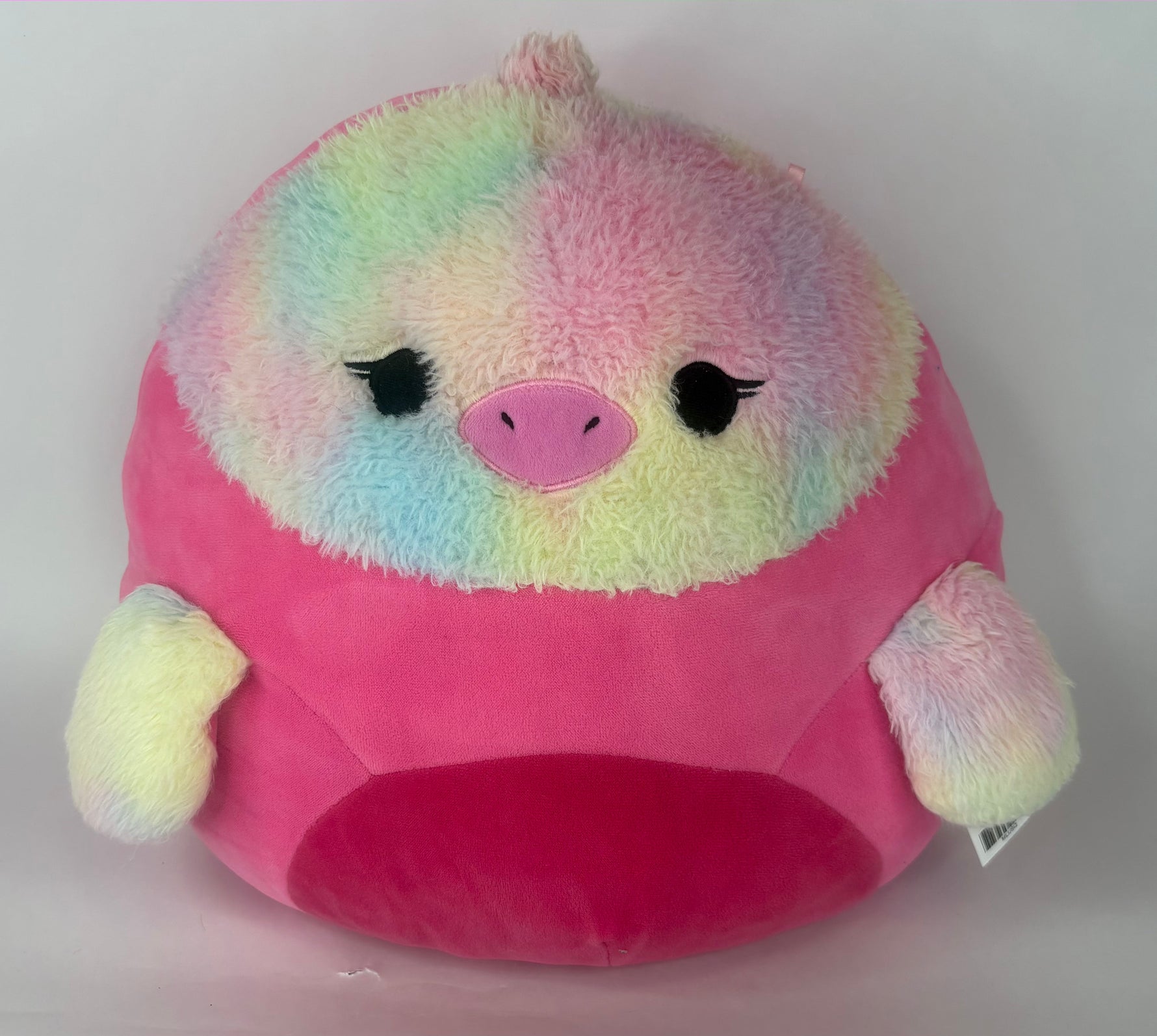 Large squishy plush pet toy with pastel rainbow top and pink bear-like body
