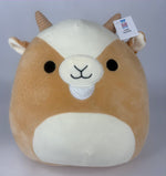 Large squishy plush animal, tan-and-cream face with closed smile and small pointed ears