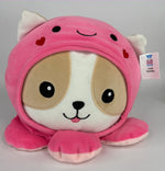 Large squishy plush pet toy, pink caped puppy face with tan ears and friendly eyes