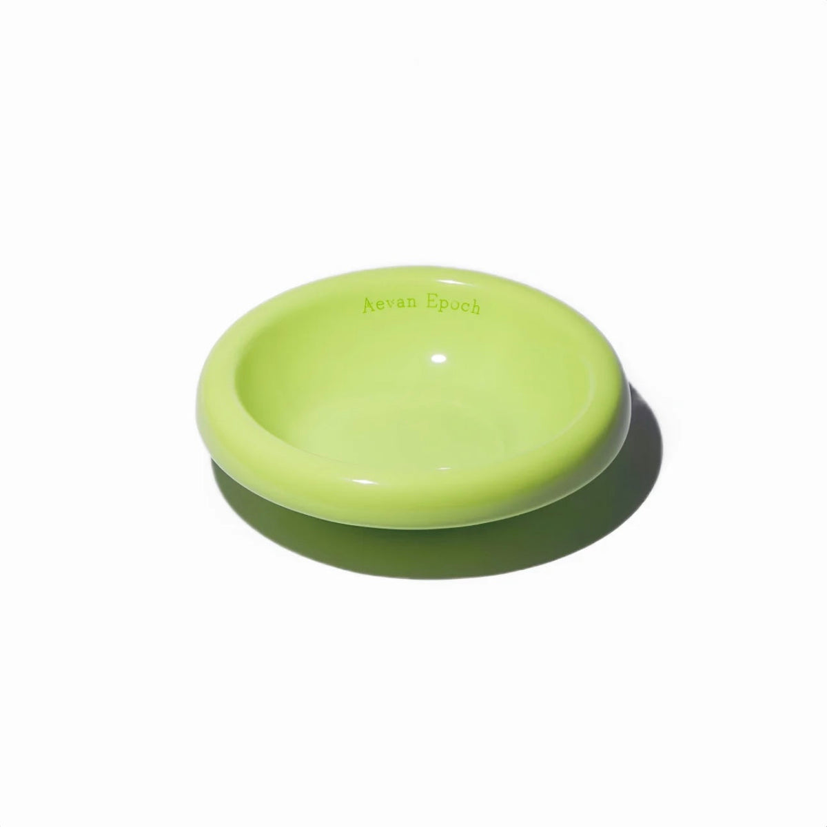 Stoneware pet bowl in light green, round shallow dish with raised rim and glossy finish.