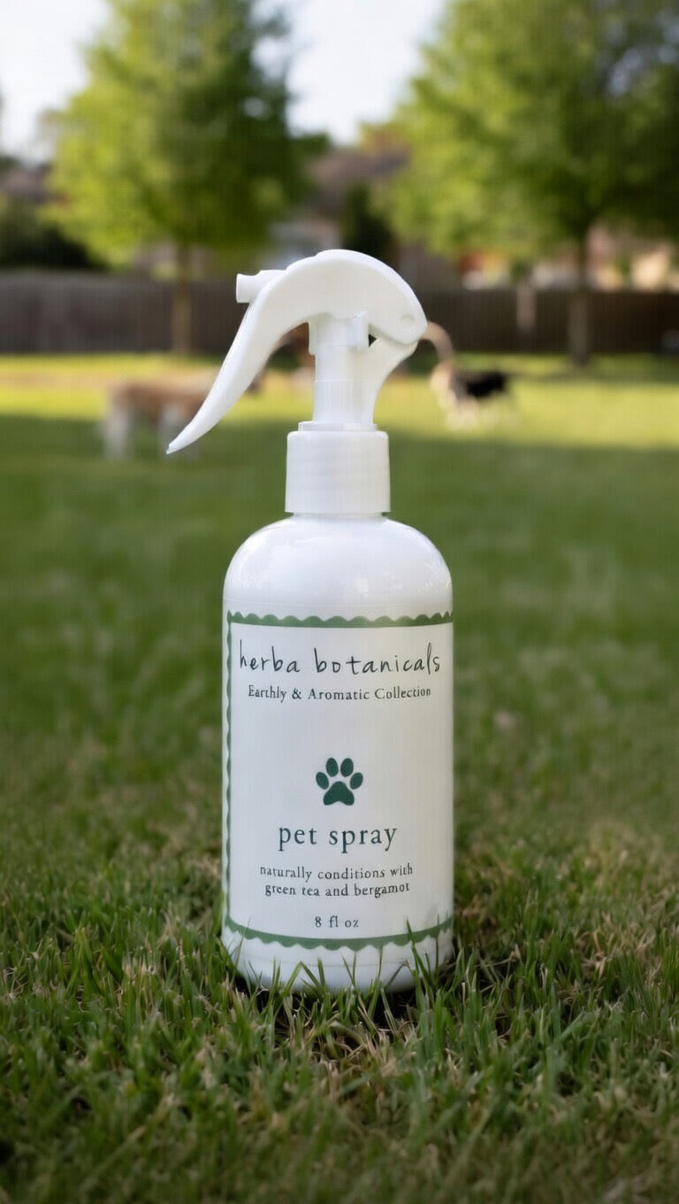 Pet spray bottle with white trigger sprayer and paw-print label on grass