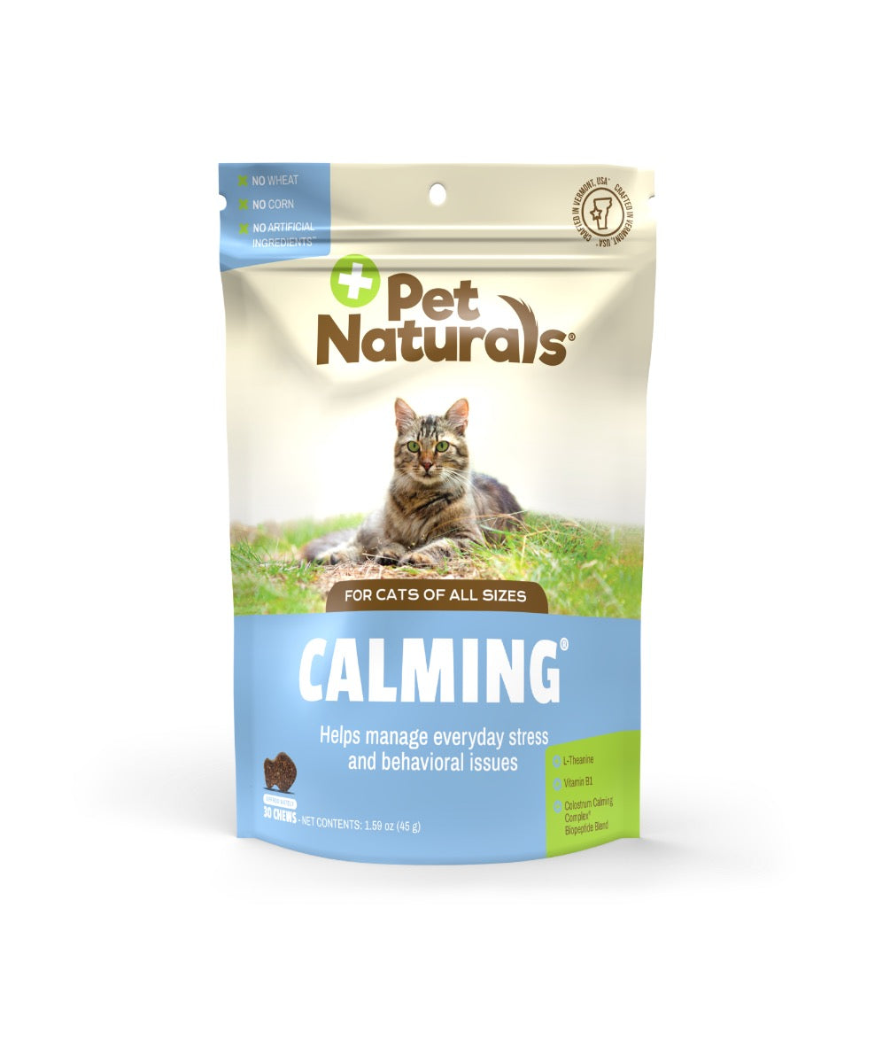 Calming chew treats bag for cats, Pet Naturals, front pouch with blue 'CALMING' panel