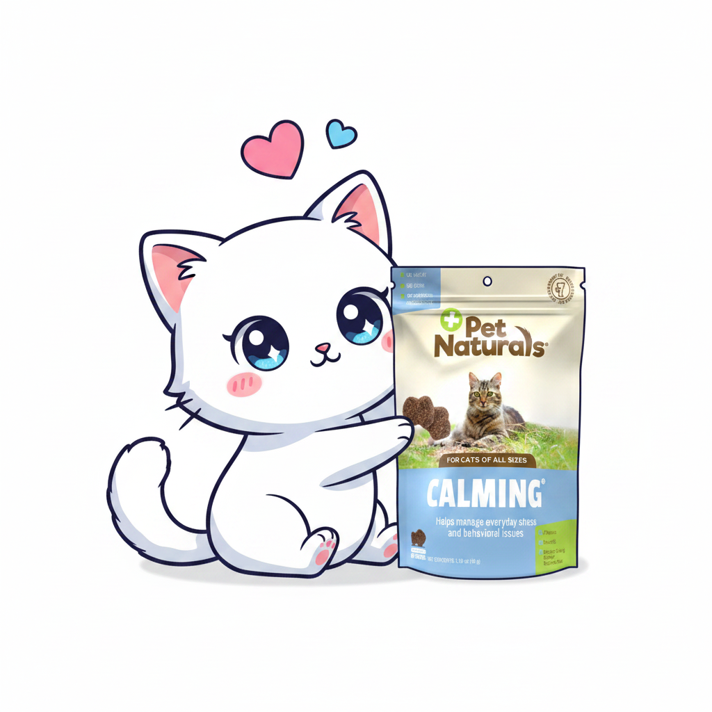 Calming cat chews pouch, Pet Naturals stand-up bag with cat graphic