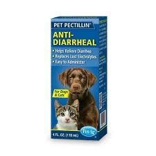 Anti-Diarrheal for Dogs and Cats box, blue with dog/cat graphics and front label
