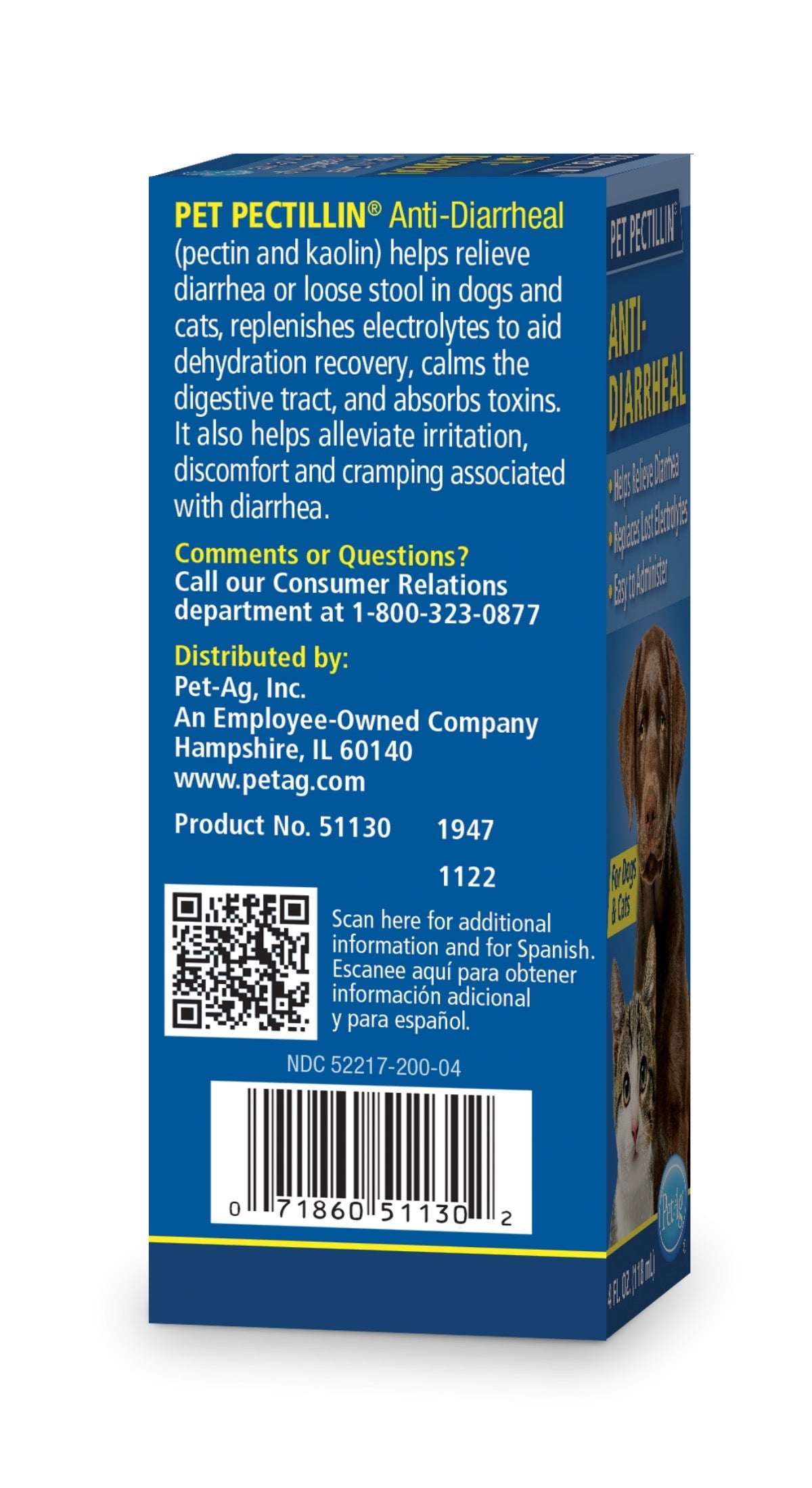 Anti-Diarrheal box back panel with directions and contact details, blue