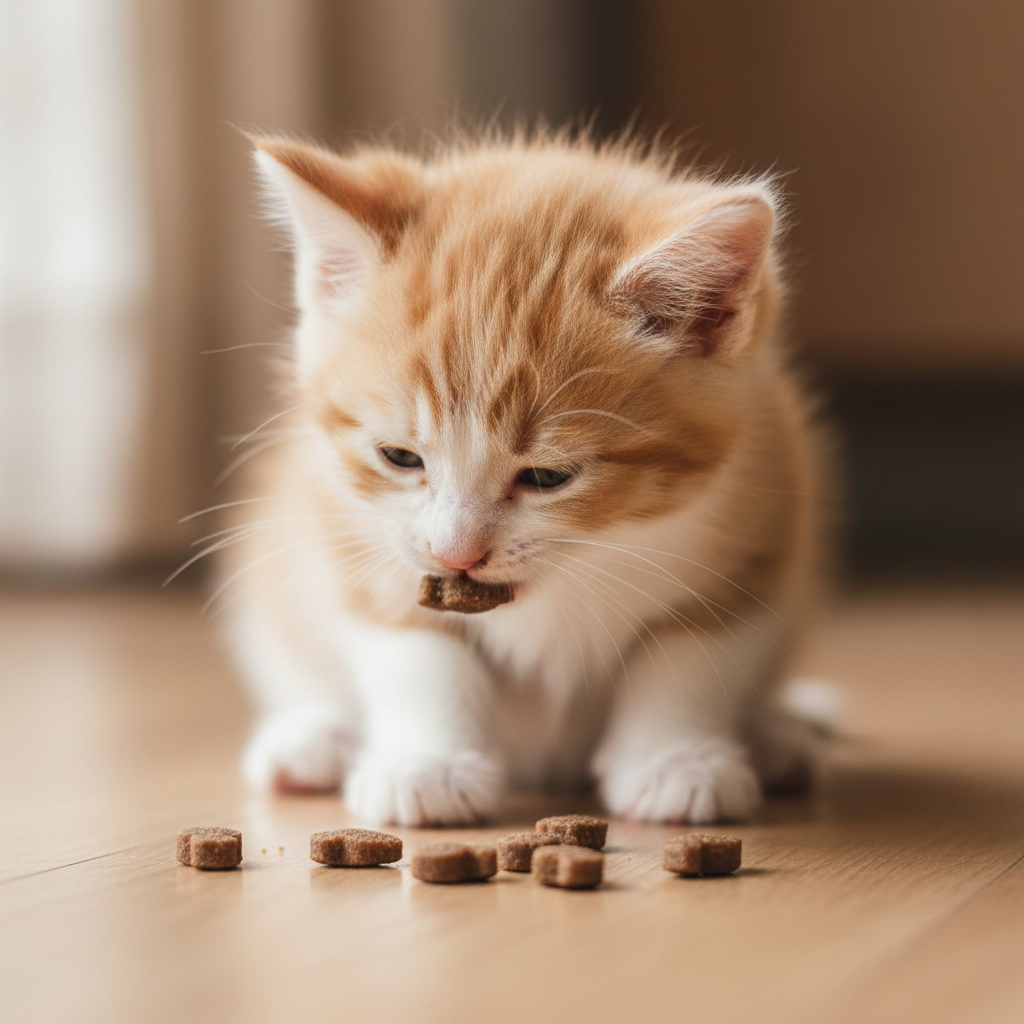 Orange tabby kitten near small cat chew pieces on a tabletop