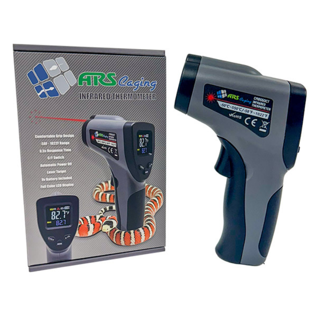 Infrared thermometer gun, dark gray handle with LCD screen and laser label