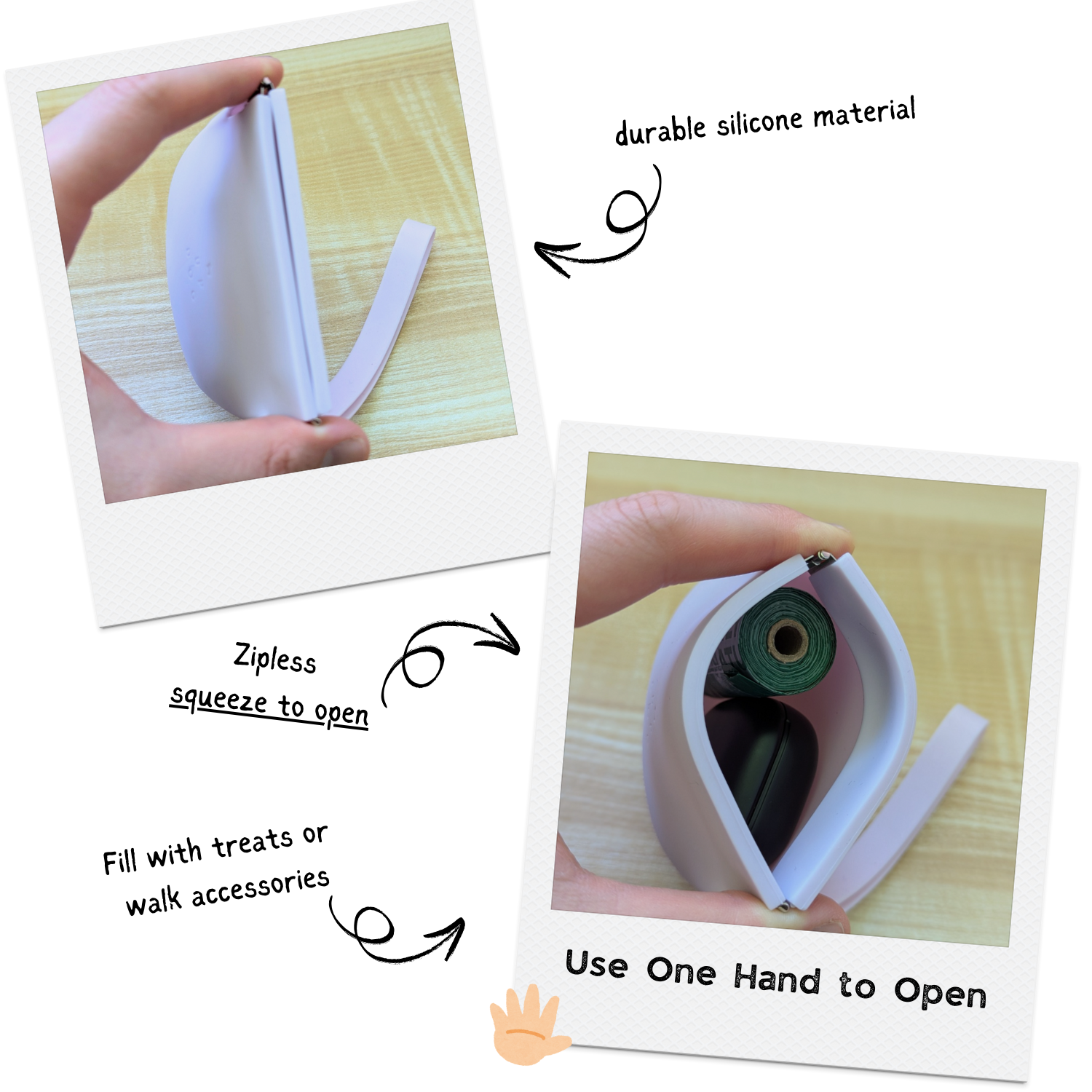 Light blue silicone treat pouch with strap, shown with squeeze-open design panels.