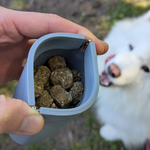 Blue-gray silicone treat pouch open in hand, filled with dog treats.