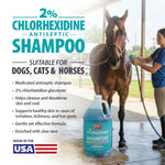 2% chlorhexidine antiseptic shampoo jug for dogs, cats & horses, label shown