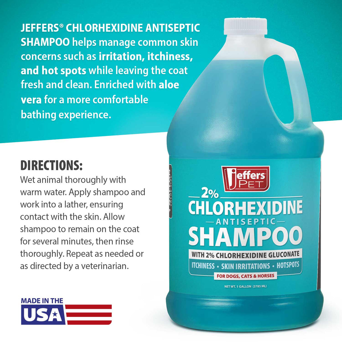 Jeffers Pet 2% chlorhexidine shampoo jug with directions and made in USA badge
