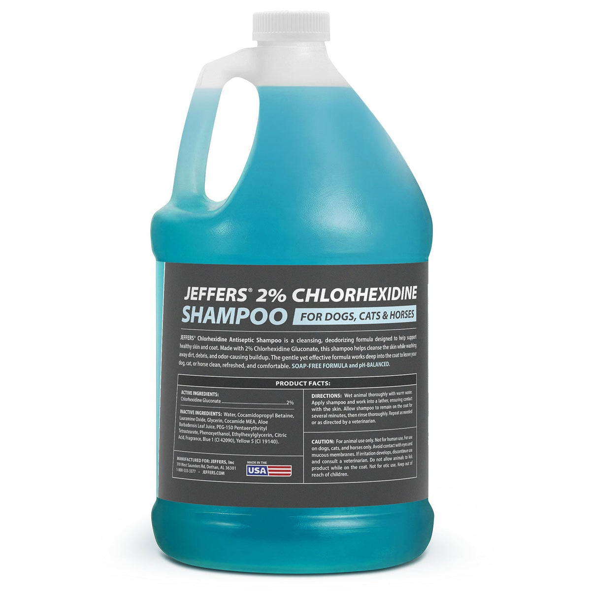 Jeffers 2% chlorhexidine shampoo jug back label; instructions and product facts panel