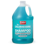 Jeffers 2% chlorhexidine shampoo jug with handle; blue-green body and front label