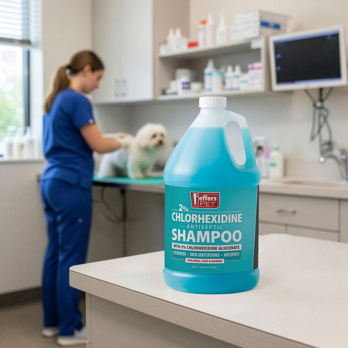 Jeffers 2% chlorhexidine shampoo bottle for dogs, cats, and horses; blue cap and label