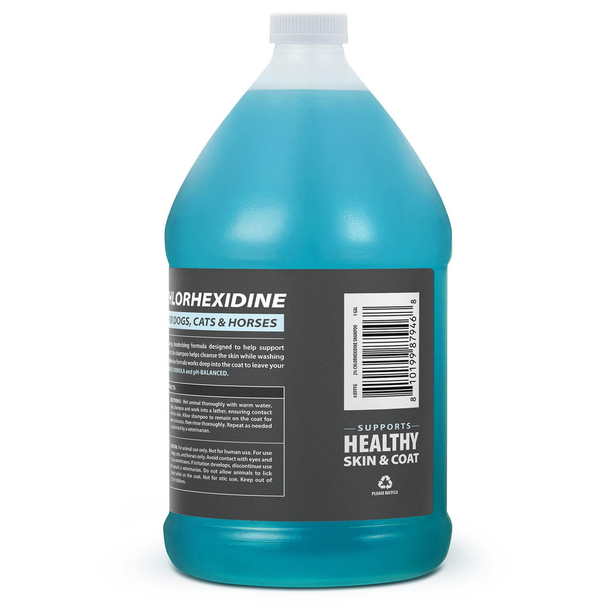 Jeffers 2% chlorhexidine shampoo jug side/back label with barcode and health icon