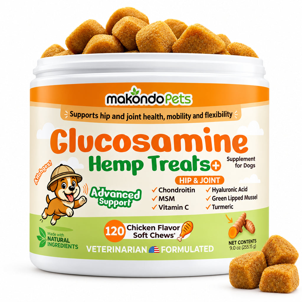 Glucosamine hemp treat jar with orange lid and golden soft dog chews