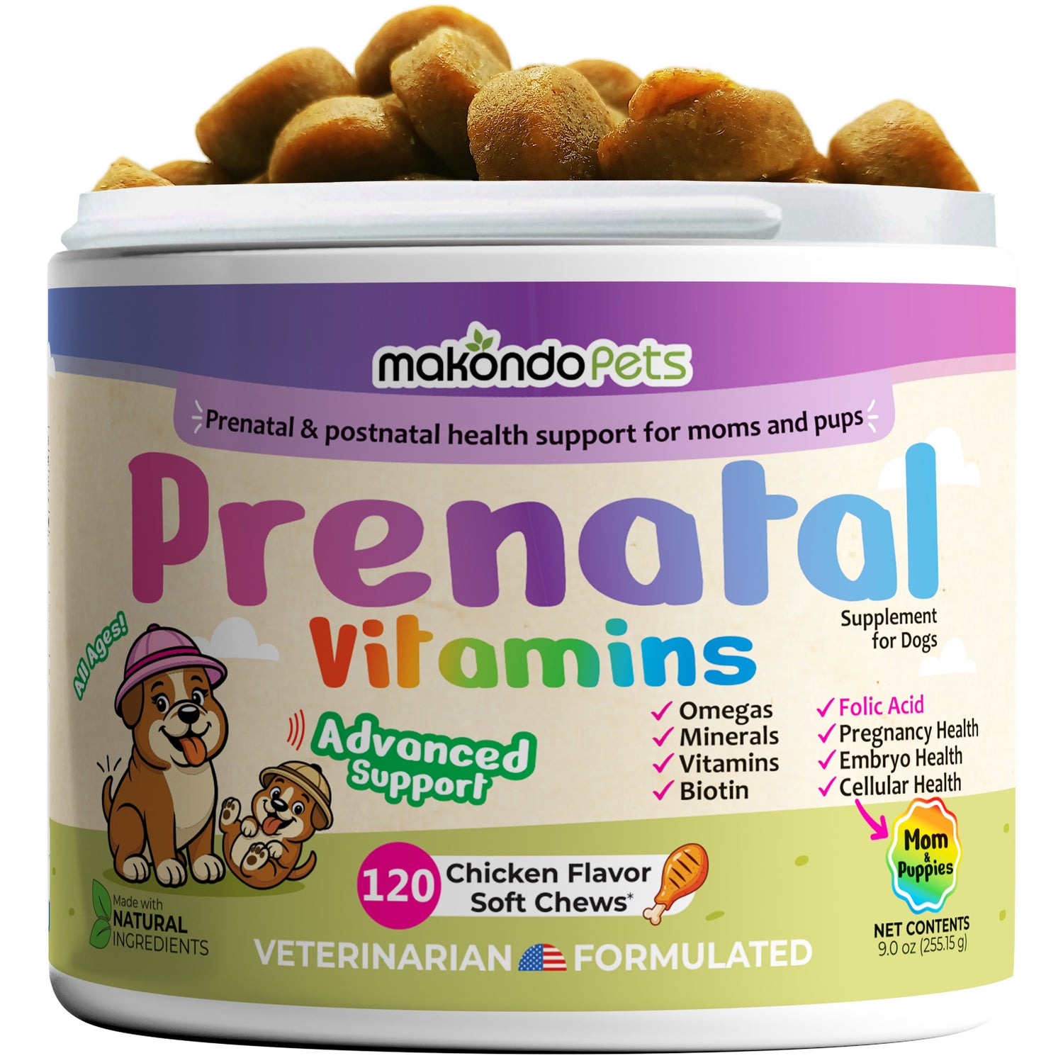 makondoPets Prenatal Vitamins dog supplement jar, 120 chicken-flavor soft chews, purple label