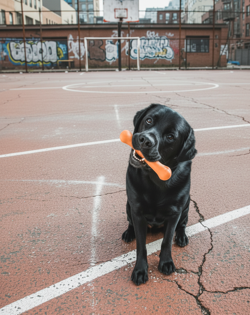 Dog holding orange Jolly Bone floating toy in mouth