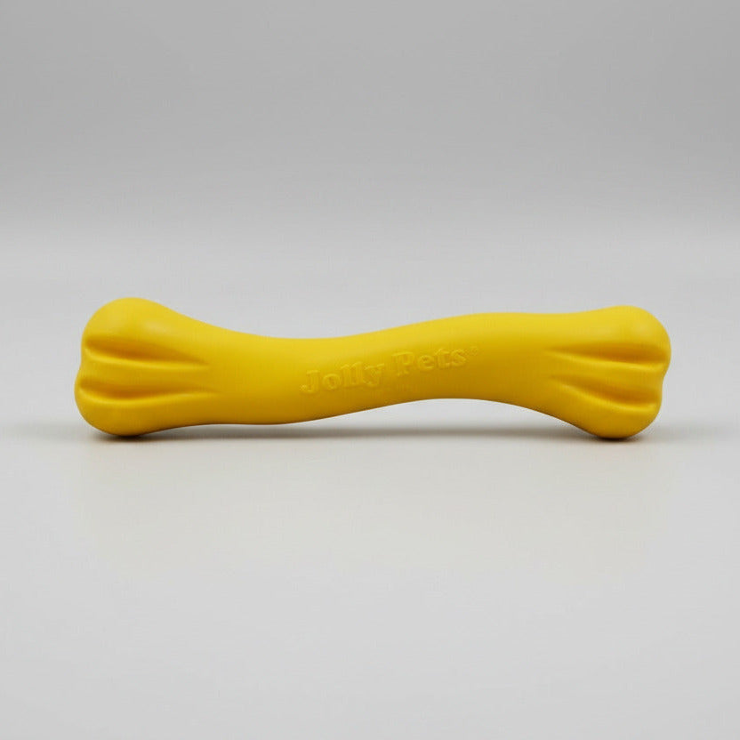Jolly Bone floating dog toy, small/medium/large—yellow rubber bone shape