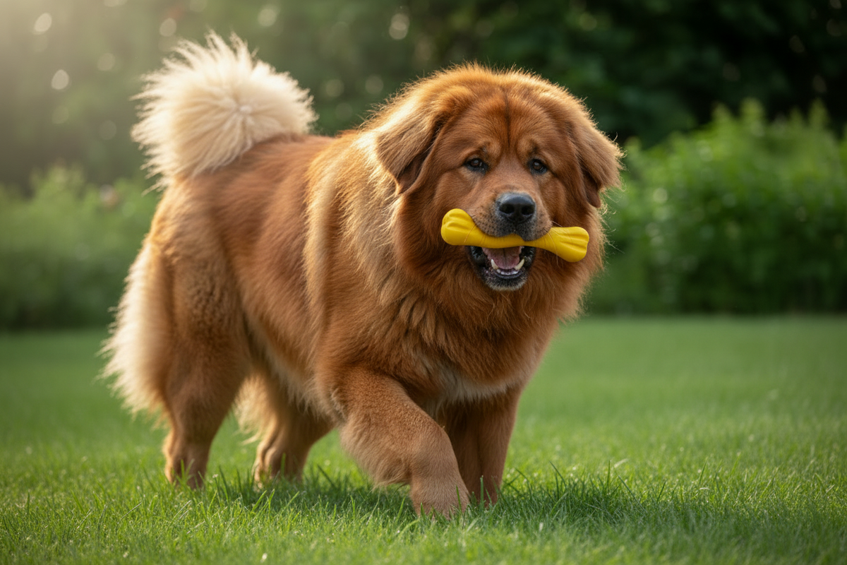 Dog wearing yellow Jolly Bone floating toy in mouth