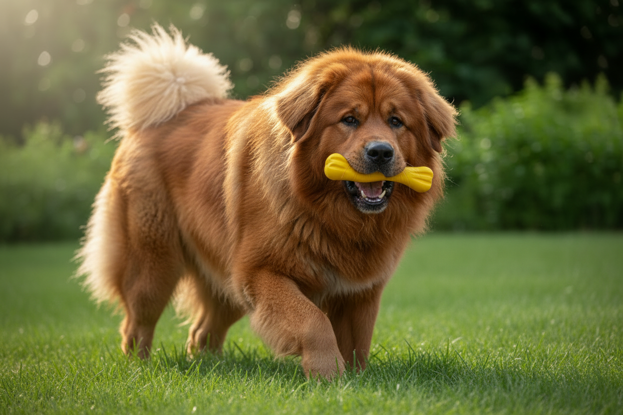 Dog wearing yellow Jolly Bone floating toy in mouth