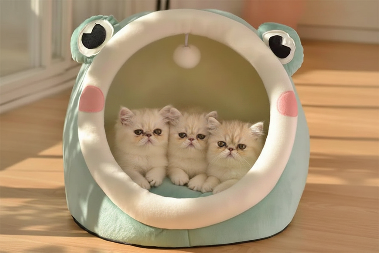 Frog pet bed with plush rim and frog-face openings, kittens peeking inside