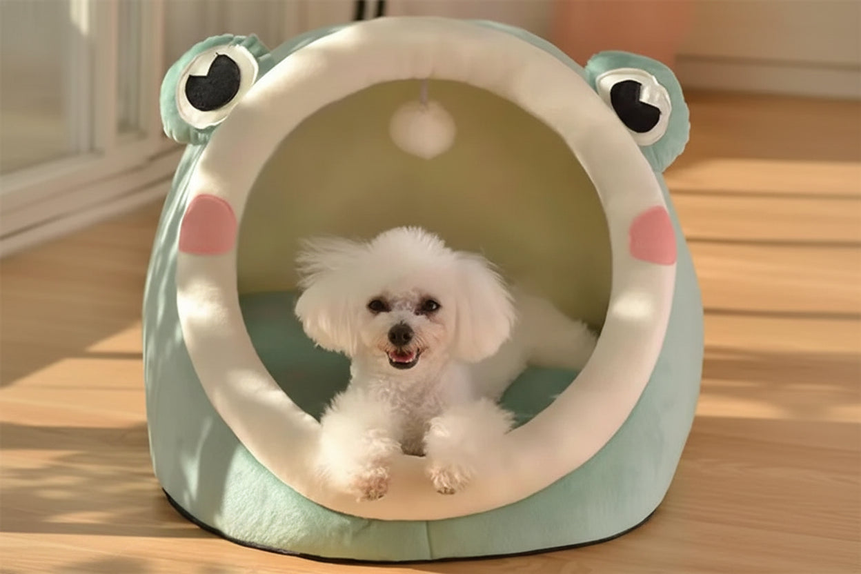 Cozy frog pet bed with rounded hood, large eye patches, and donut-style inner cushion