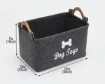 Dark grey felt storage basket with dog bone logo, 15in x 10in x 7in, two handles