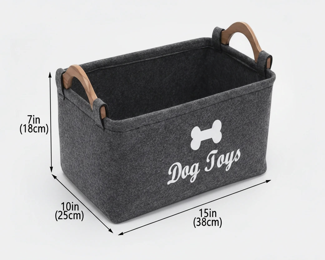 Dark grey felt storage basket with dog bone logo, 15in x 10in x 7in, two handles