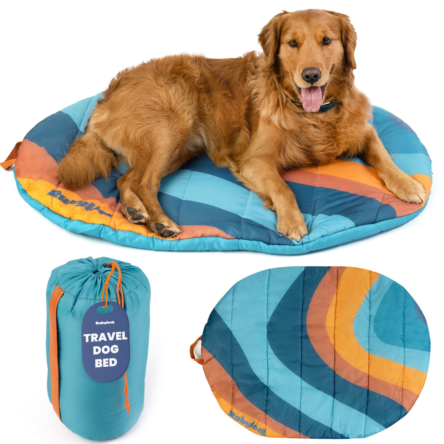 Teal and orange striped travel dog bed with carry pouch and oval base
