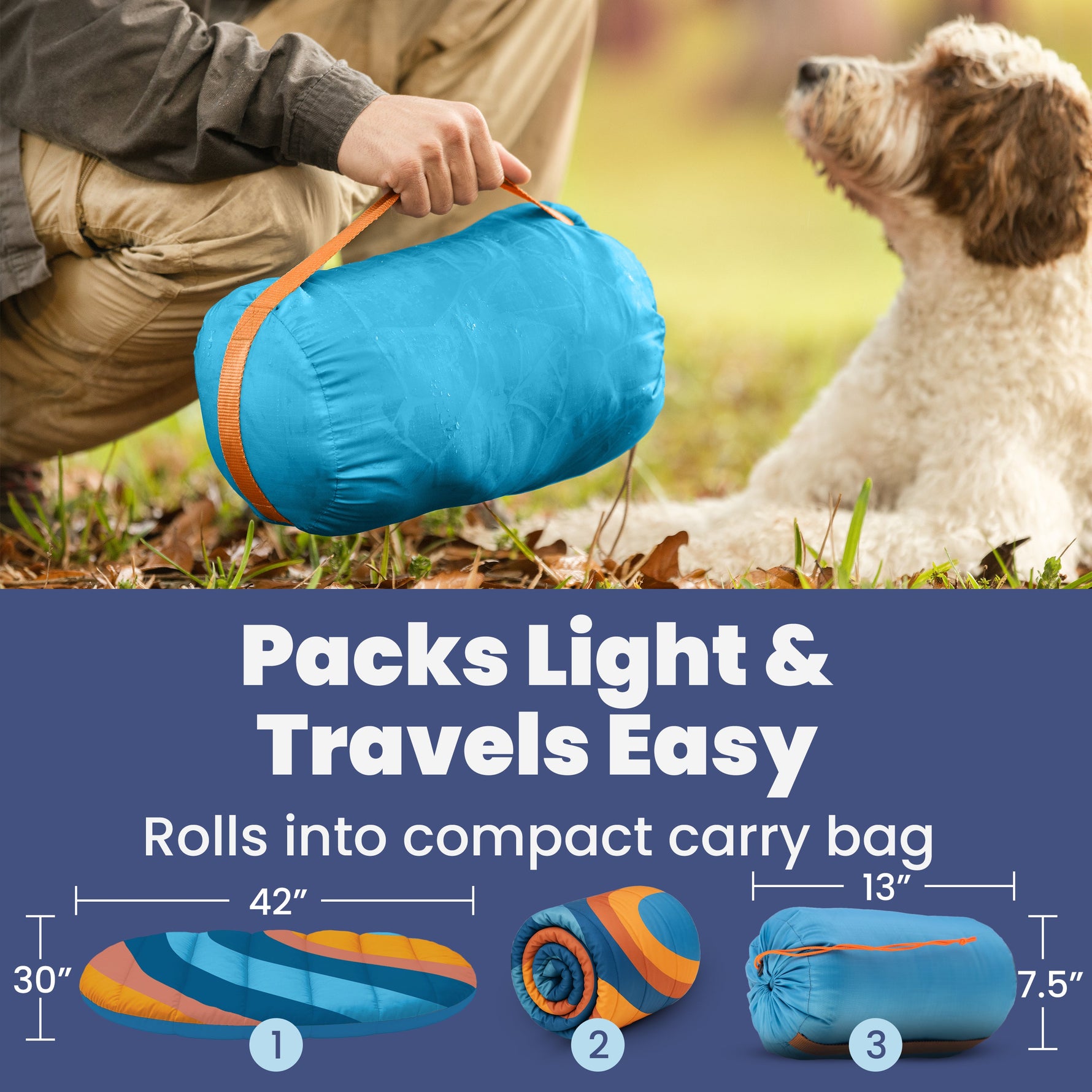 Rolled blue foldable dog bed in compact carry bag with straps