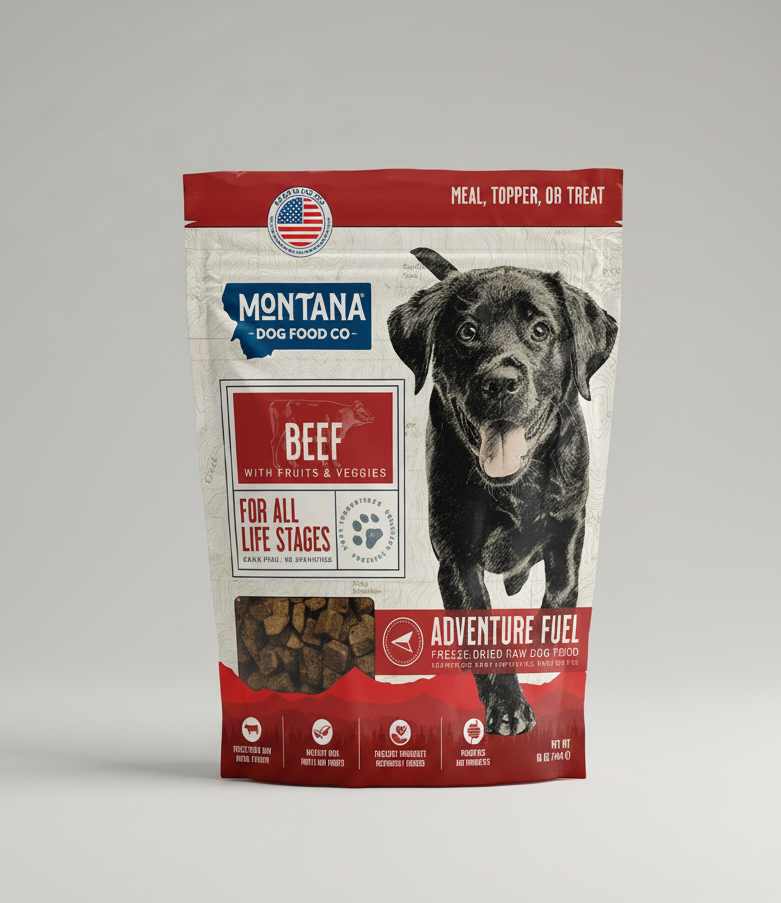 Grain-free beef freeze-dried dog food pouch with dog portrait and red label