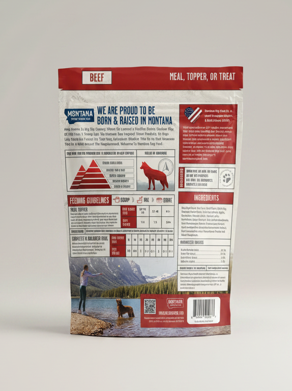 Grain-free beef freeze-dried dog food back panel with ingredients and feeding info