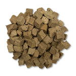 Freeze-dried raw dog food bites, small brown cube pieces