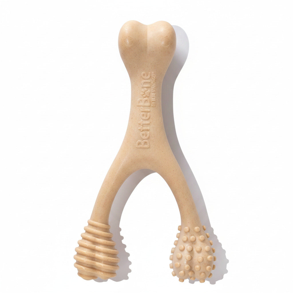 Natural bone-shaped chew toy with textured knobby ends, light tan color.