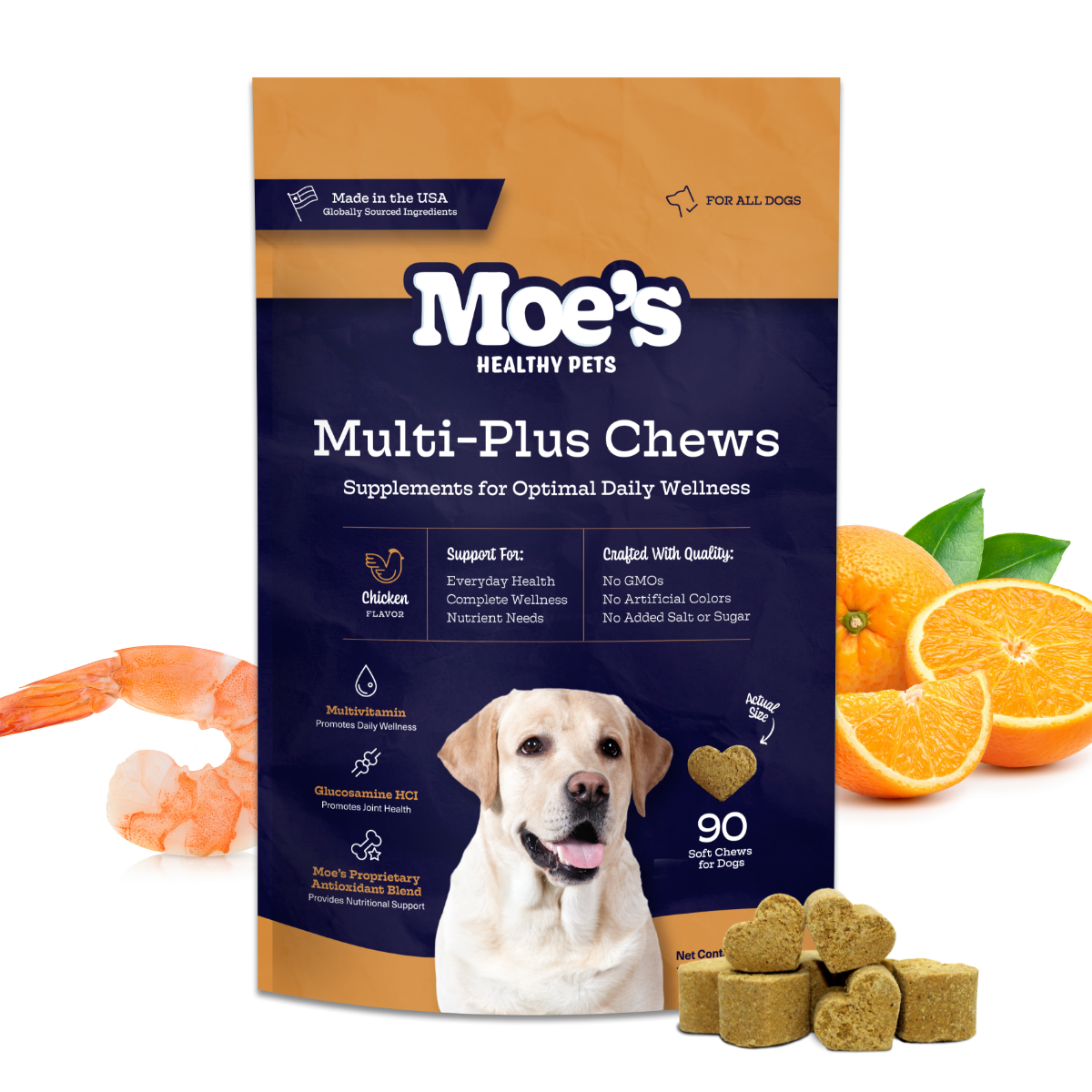 Dog multivitamin chew supplement pouch with dog and chew illustrations.