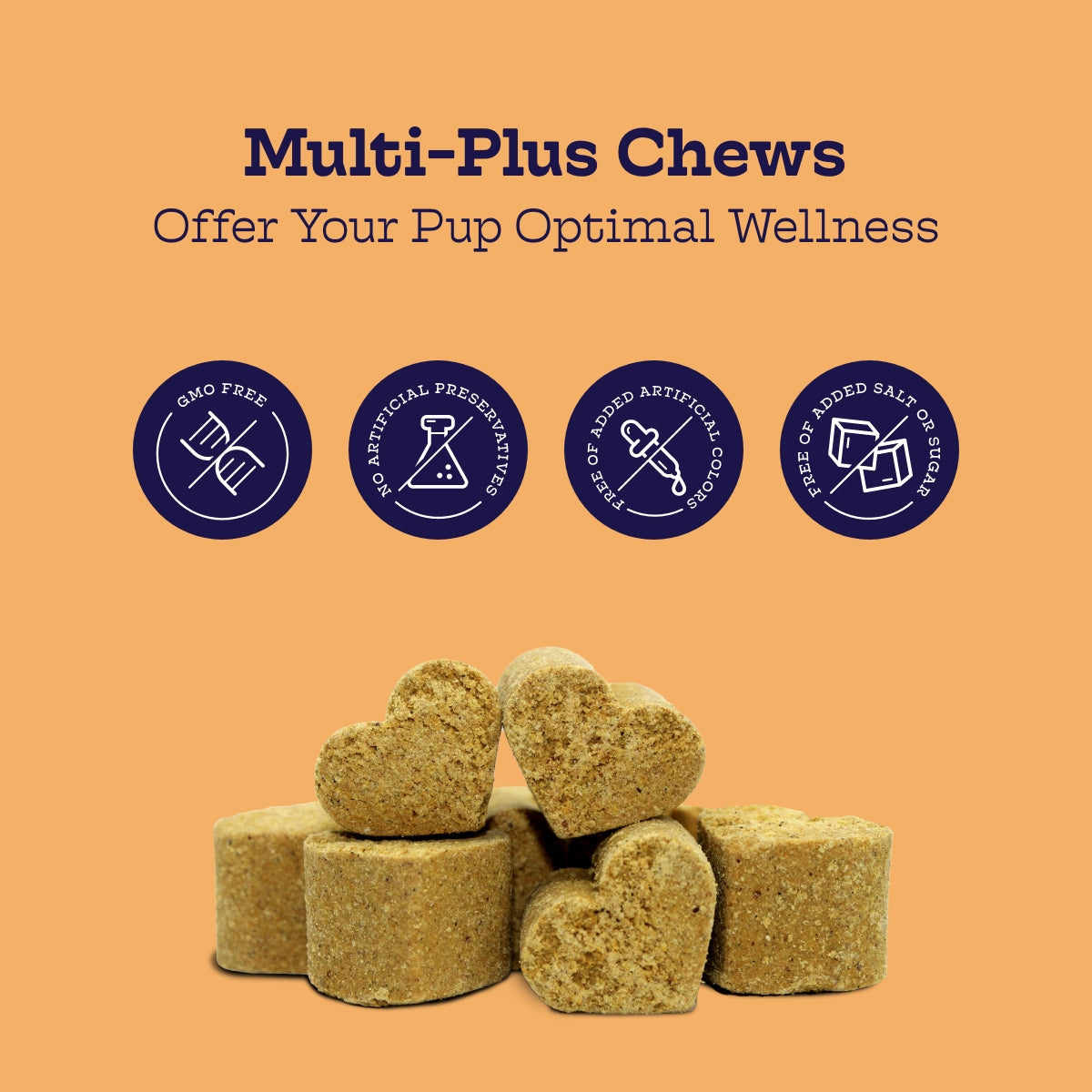 Dog vitamin chews, round tablets stacked on display with circular badges.