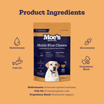 Dog multivitamin ingredients panel featuring supplement pouch and icon list.