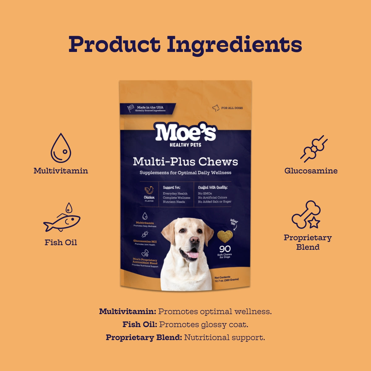 Dog multivitamin ingredients panel featuring supplement pouch and icon list.