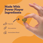 Dog vitamin chew in a hand with ingredient icons around it.