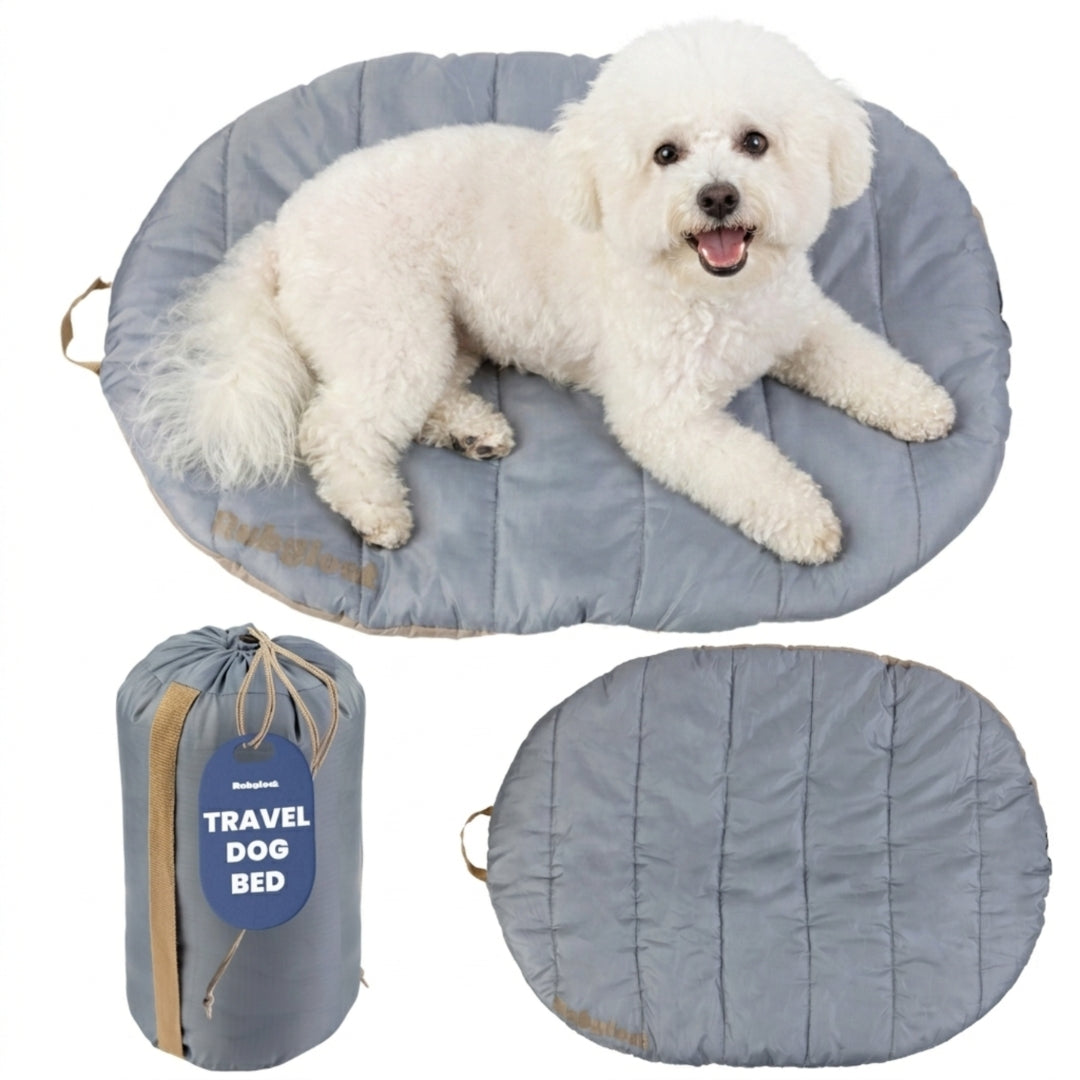 Light gray travel dog bed with rounded cushion and matching carry pouch