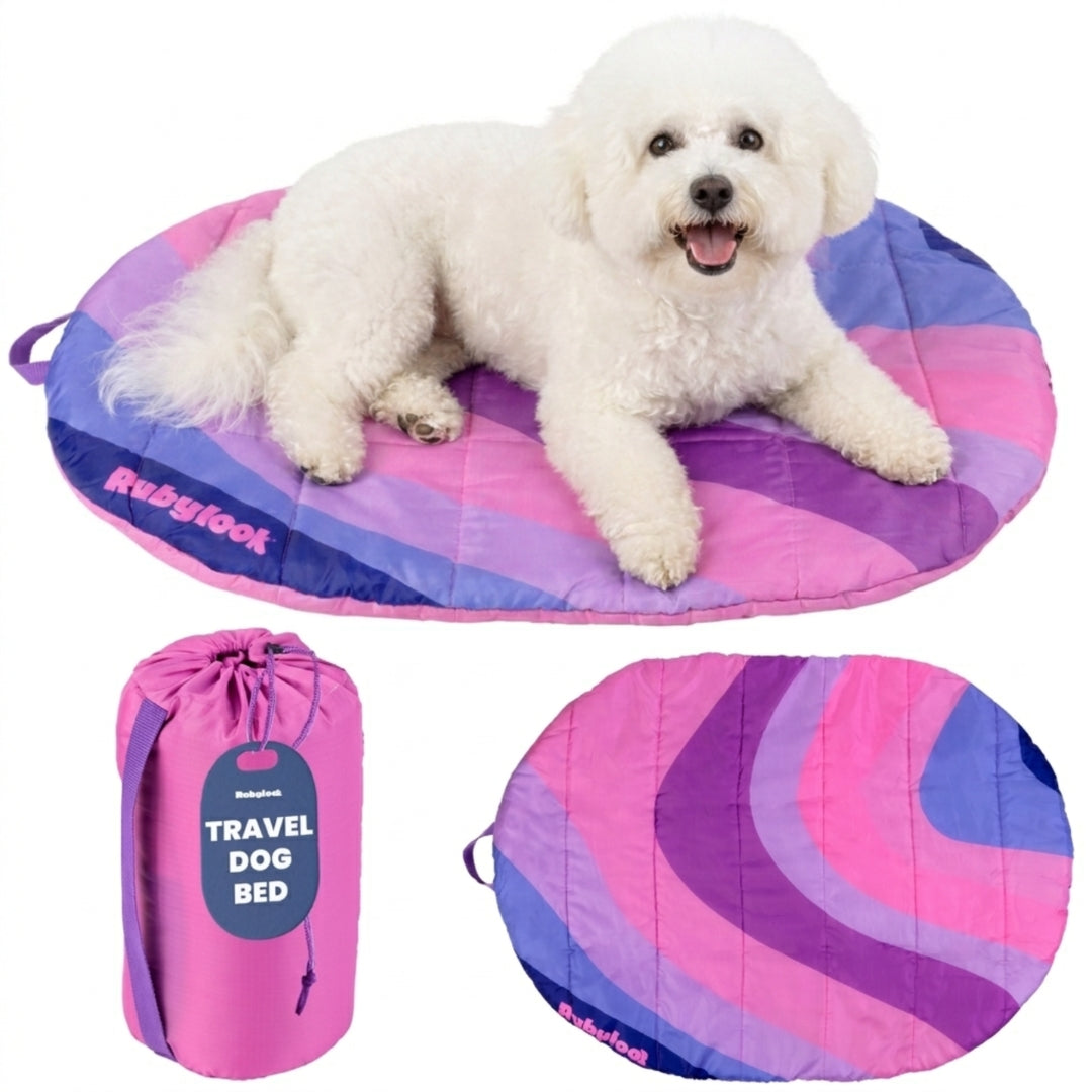 Pink and purple striped travel dog bed with carry pouch and oval base