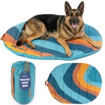 Teal and orange striped travel dog bed with carry pouch and oval base