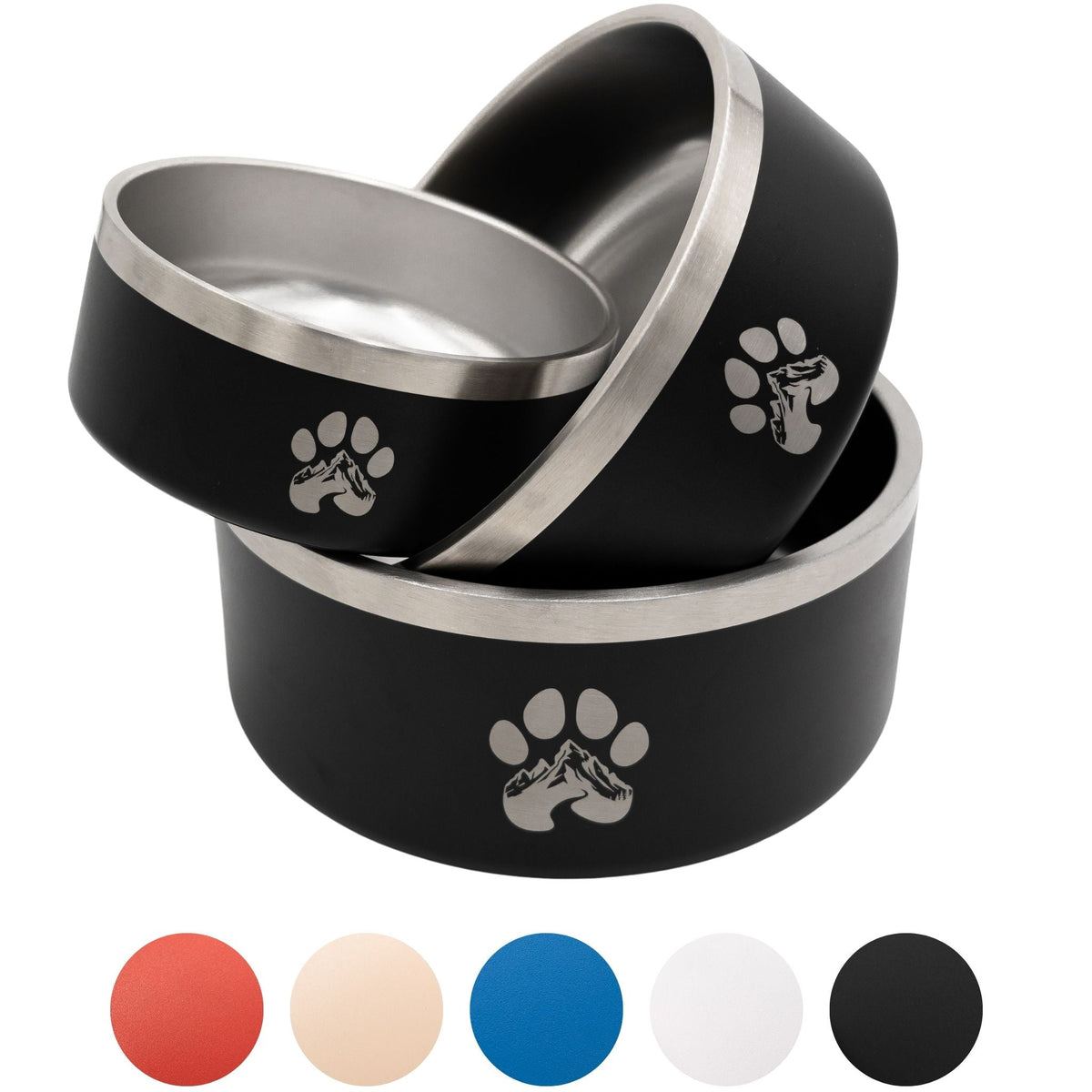 Black stainless steel feeder bowls set with paw print accents