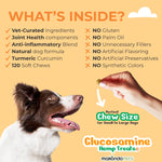 Product label infographic with whats inside checklist and chew size for dogs