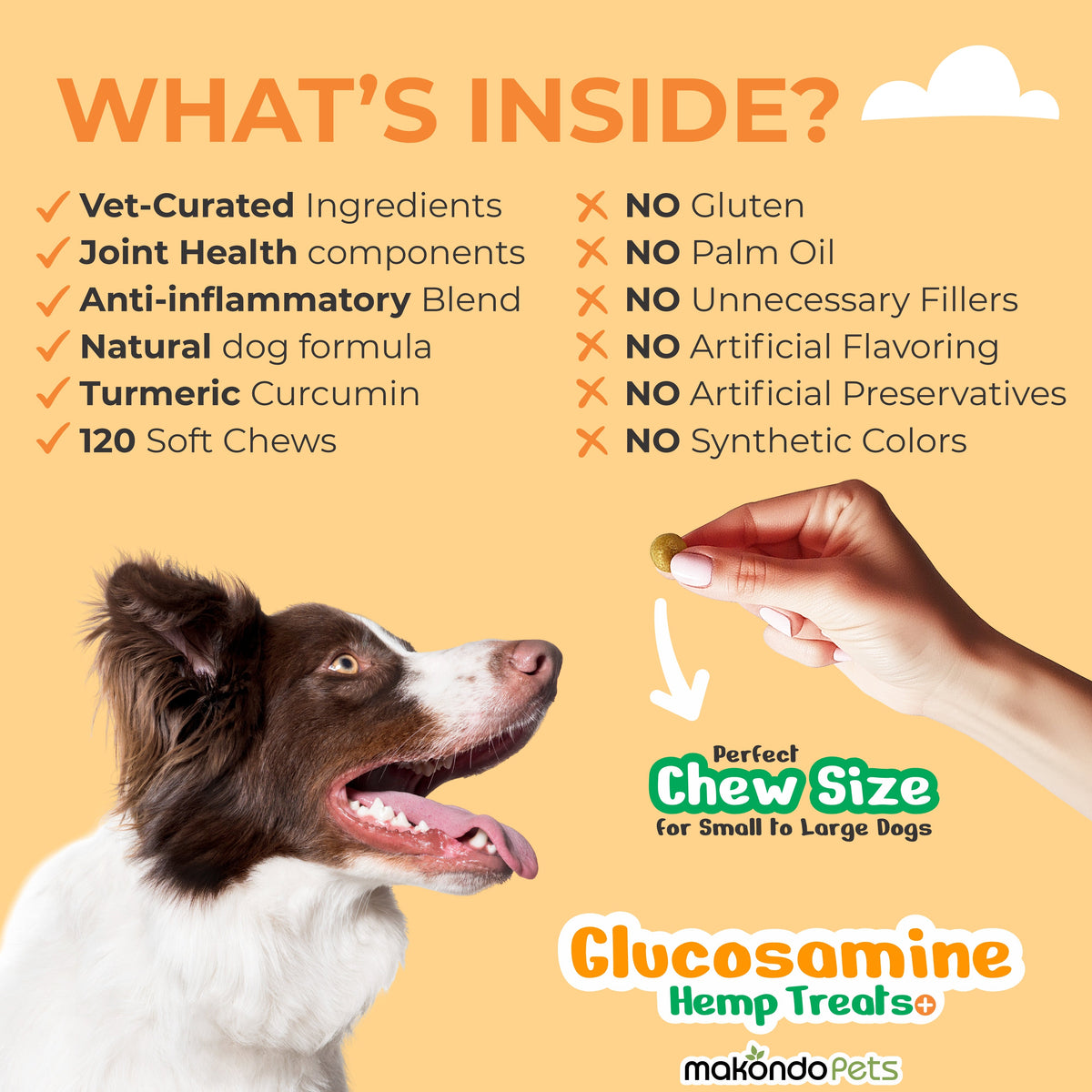 Product label infographic with whats inside checklist and chew size for dogs