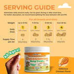 Serving guide graphic with jar and dosage chart by dog weight