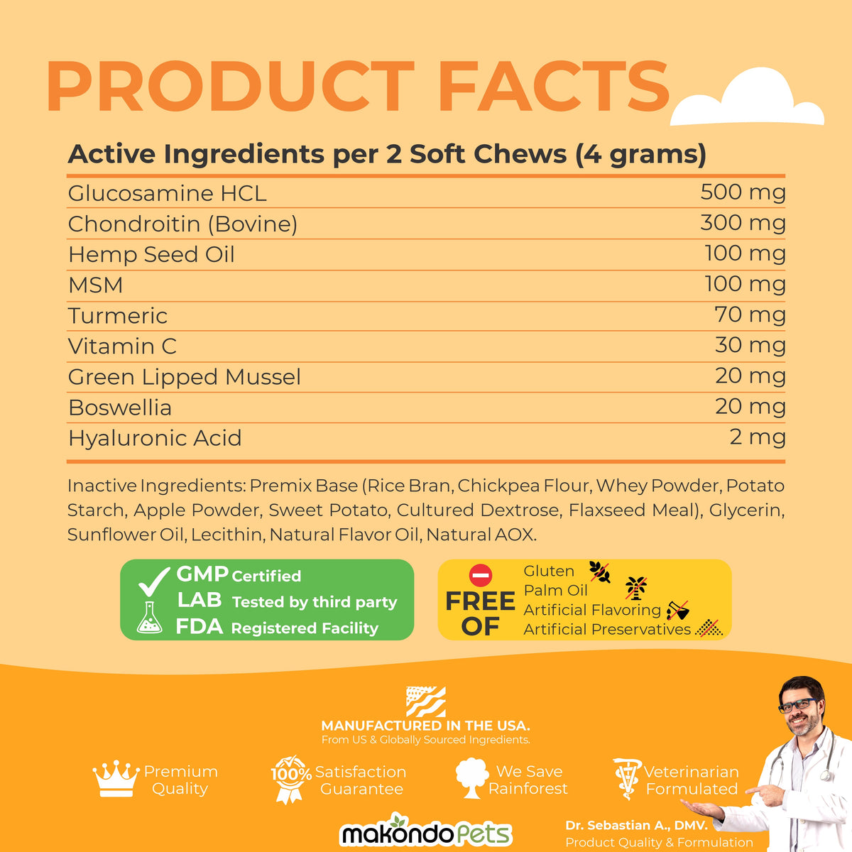 Product facts panel listing active ingredients per soft chew and certification icons